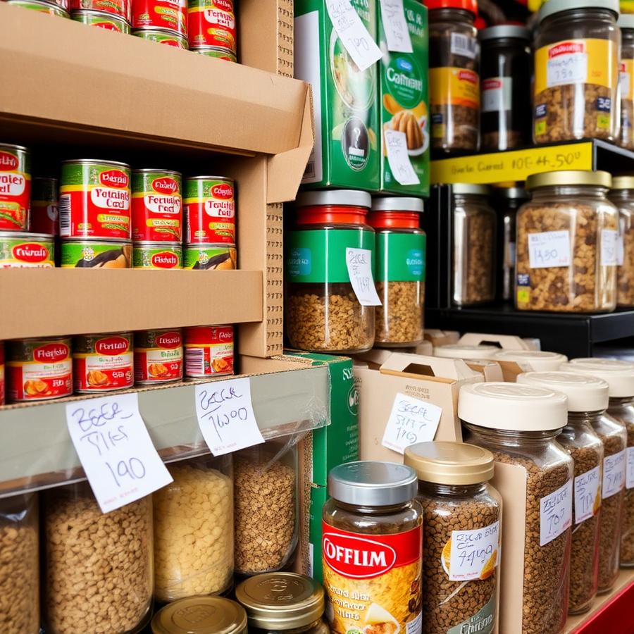 Bulk tinned food and coffee with handwritten bargain price tags