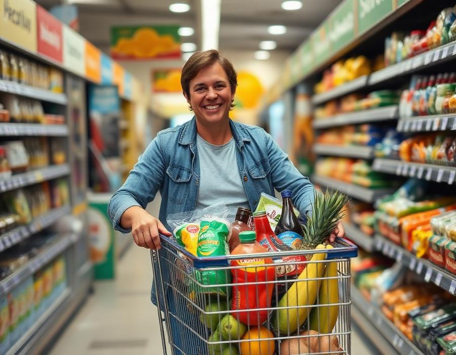Customer pushing a full trolley of discounted groceries