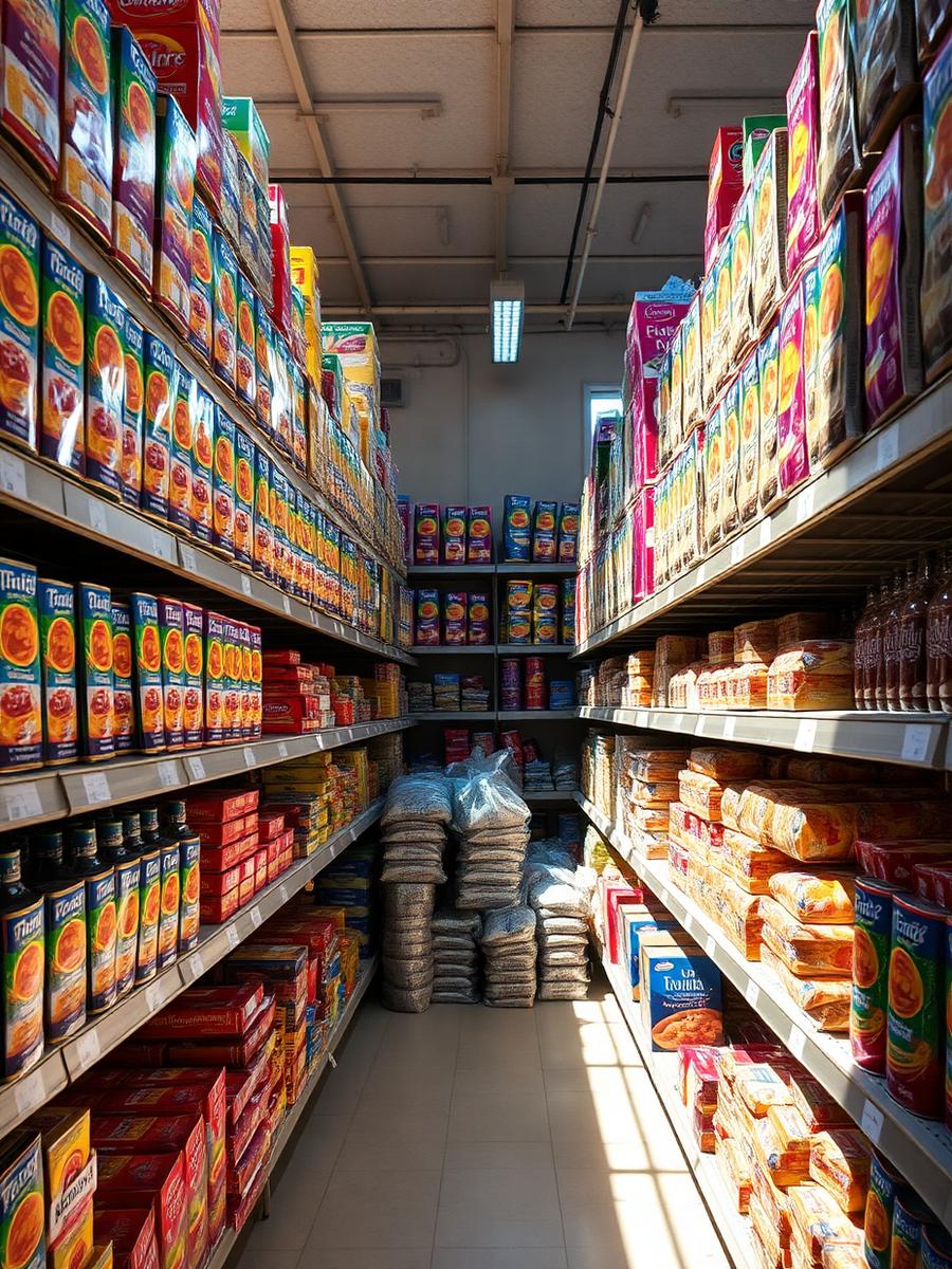 Shelves stacked with bargain pantry goods inside a Mad Foods store
